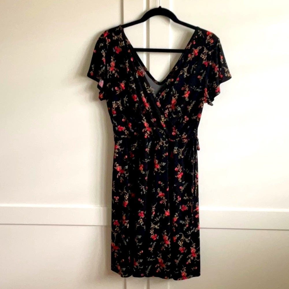Floral Wrap Black Dress